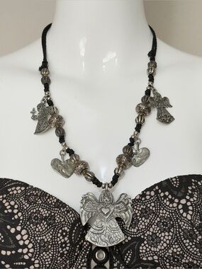 Vintage Signed MARCIE Beaded Pewter 3 Angels Cord Necklace Faith, Hope & Charity